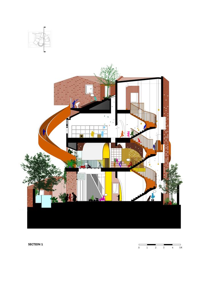 用红砖构建起俏皮的空间，宛如一座巨大乐高的Chuon Chuon Kim 2幼儿园