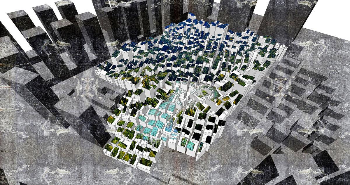在城中村的上空构筑成一个新地表“Urban Mountain” —— 深圳“城上绿云”